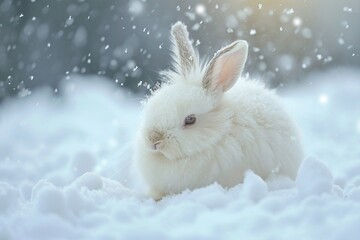 Angora rabbit surrounded by snowflakes in a winter wonderland its fluffy fur providing warmth and a striking contrast against the cold creating a magical scene