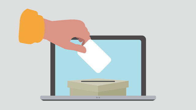 Vektor-Illustration einer Person, die einen Stimmzettel in eine Wahlurne auf einem Laptop wirft, um ihre Online-Stimme abzugeben - Wahl oder soziale Umfrage Konzept
