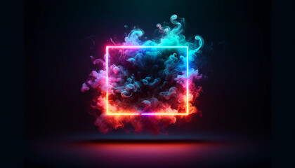 neon glowing square, mist , smoke, on a darck background, generative AI
