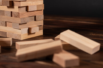 Blocks wood game with copy space, The tower from wooden blocks from the top view,