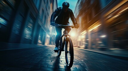 cyclist on an electric bike in a city - obrazy, fototapety, plakaty