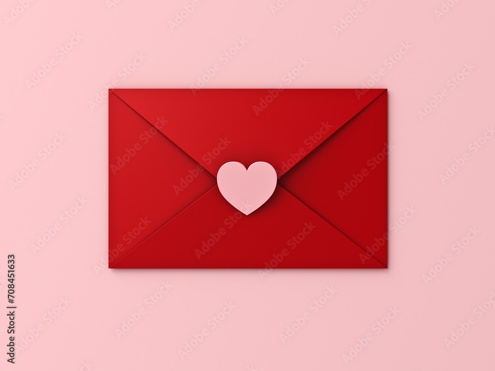 Poster love letter concept red envelope with pink love heart sticker isolated on pink pastel color backgrou