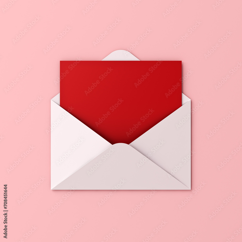 Leinwandbilder blank red paper card in white envelope isolated on pink pastel color background with shadow love let