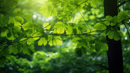 Obraz premium Immerse yourself in the lush green forest, where leaves dance in the summer breeze, creating a mesmerizing texture of various shades of green.