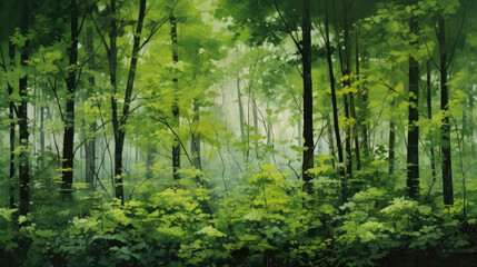 Fototapeta na wymiar Experience the tranquility of a dense forest, where the gentle sway of leaves under the summer sun paints a vivid, peaceful outdoor scene.
