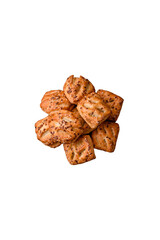 Delicious crispy mini puffs with sausage or meat with salt, thyme and sesame