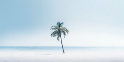 One lonely palm tree on a white beach. Calm sae with mist. Tranquil seashore landcsape. Generative...