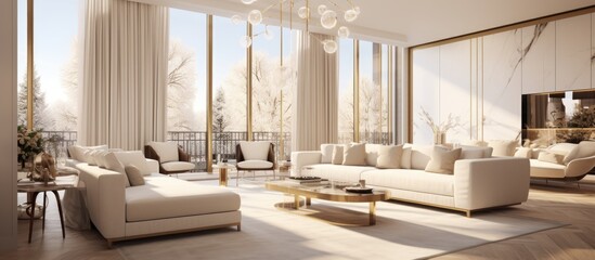 Luxurious cozy living room with bright, light interior featuring chic beige furniture, gold metallic accents, large floor-to-ceiling window, and wooden parquet floor.