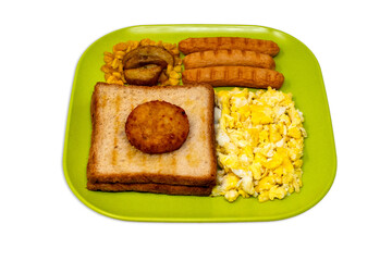 Full english breakfast - scrambled egg, beans, sausage, patties, potato, toast.