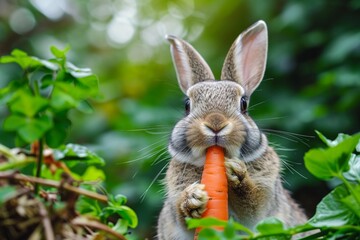 Fototapeta na wymiar Close-up of a rabbit holding a carrot in its paws the verdant greenery contrasting with the bunny's fur creating an adorable and wholesome scene