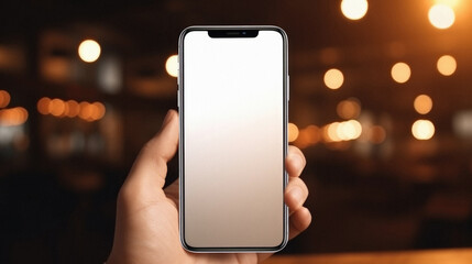Male hand holding smartphone with blank screen on blurred cafe background, mockup