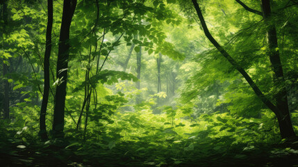 Immerse yourself in the lush green forest, where leaves dance in the summer breeze, creating a mesmerizing texture of various shades of green. - obrazy, fototapety, plakaty