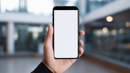 Mockup of a hand holding a smartphone with blank white screen