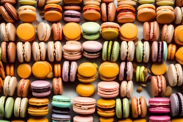 A delightful composition of colorful macarons arranged in a symmetrical pattern, capturing the essence of this classic French dessert.