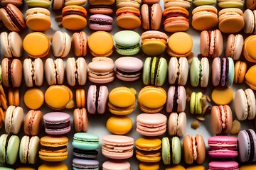 Zelfklevend Fotobehang A delightful composition of colorful macarons arranged in a symmetrical pattern, capturing the essence of this classic French dessert. © pick pix