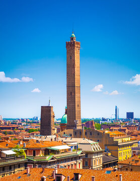 View of the city of Bologna. A city of long street galleries and leaning medieval towers. Italy