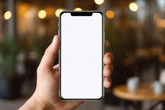 Mockup image of female hand holding black smartphone with blank white screen in cafe