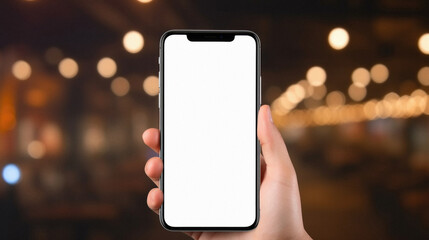 Mockup of a hand holding mobile phone with isolated screen on blurred background