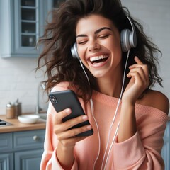  Joyful young hispanic woman with smartphone touching headphones