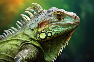 Fototapeta premium Discover the beauty of an adult iguana in its natural setting. This exotic reptile portrait showcases vibrant wildlife and intricate lizard skin details.