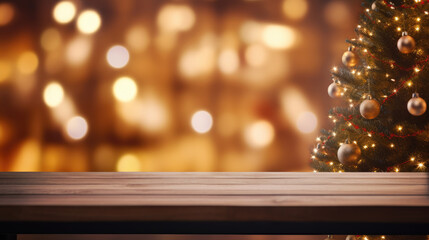A perfect for holiday product placement, this background showcases a wooden table against a festive Christmas tree with sparkling light bokeh.