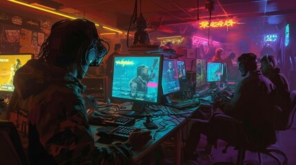 Team of gamers playing online video games in dark room with colorful neon lights. A close-up of friends engaged in an intense video game session, bathed in the glow of screens and neon lights.