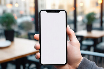 Male hand holding a phone with a white screen in a cafe .
