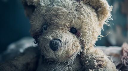 A close-up of a tattered teddy bear, its fur worn and eyes faded with time. 