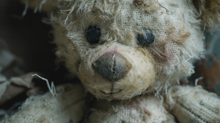 A close-up of a tattered teddy bear, its fur worn and eyes faded with time. 