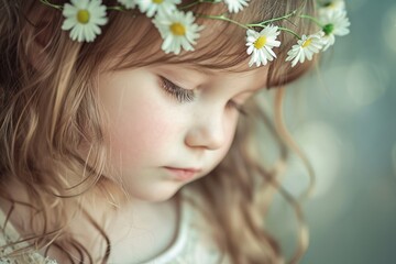 Portrait of a little girl with daisies in her hair.