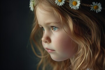 Portrait of a little girl with daisies in her hair.
