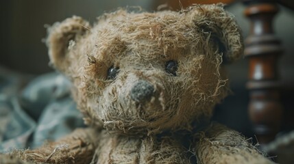 A close-up of a tattered teddy bear, its fur worn and eyes faded with time. 