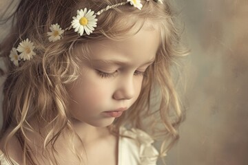 Portrait of a little girl with daisies in her hair.