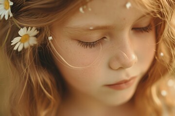 Portrait of a little girl with daisies in her hair.