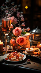 Fototapeta premium Valentine's day and love concept. Table setting decorated for romantic dinner.