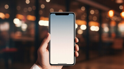 Mockup of a hand holding mobile phone with blank white screen in cafe