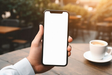 Mockup of a hand holding black mobile phone with blank screen and coffee cup on wooden table in cafe
