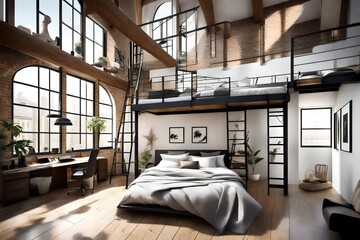 High-ceilinged loft bedroom with a mezzanine, showcasing a blend of modern and classic elements. - obrazy, fototapety, plakaty