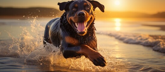 Energetic and excited, this Rottweiler eagerly awaits a beach sprint at sunset. - obrazy, fototapety, plakaty