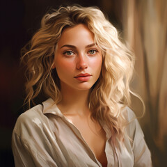 Fototapeta premium thirty-year-old pleasant woman, portrait. unbuttoned blouse collar, blonde wavy hair, smile, playful look. gentle and kind charming girl.