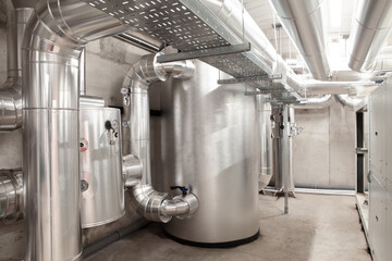 HVAC system, pipes and boiler room, heating, ventilation, air conditioning, and cooling of a...