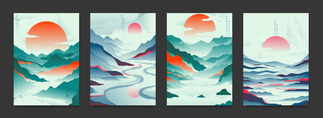 A collection of creative abstract landscapes of mountains with the sun painted by hand. - obrazy, fototapety, plakaty