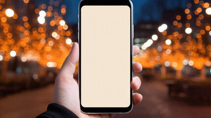 Mockup of a hand holding mobile phone with blank white screen over blurred night city street