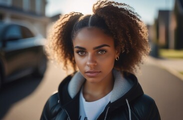 a beautiful mulatto woman with a beautiful hairstyle, natural makeup, and a confident look.