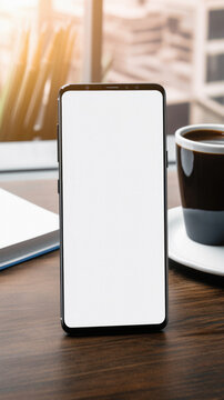 Mockup image of smartphone with blank white screen on wooden table