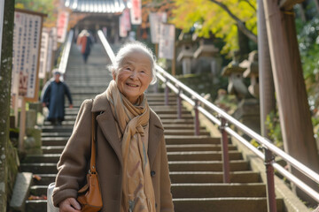 階段で笑顔のおばあちゃん　お婆　シニア　元気　観光　散歩