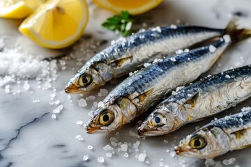 sardines, fresh raw fish and lemons on the countertop, top view. cooking in the kitchen. seafood, a healthy product.