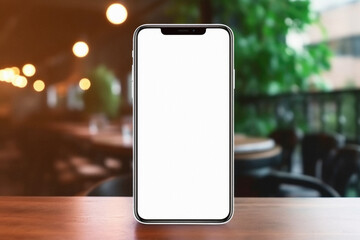 Mockup of a smartphone with blank white screen on wooden table in cafe