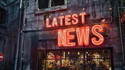 A neon sign on a building that says 'latest news', AI