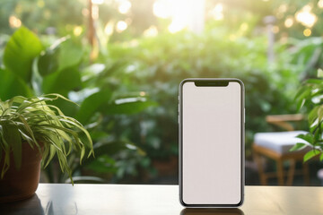 Smartphone mockup with blank screen on wooden table in coffee shop .